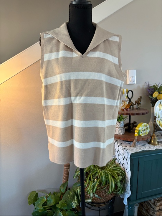 Philosophy Tops - Philosophy Beige and White Striped Sleeveless Knit Top